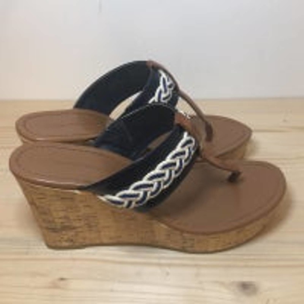 Tommy Hilfiger Braided Wedge‎ Sandals. Tan with Navy and White. Women’s 7.5